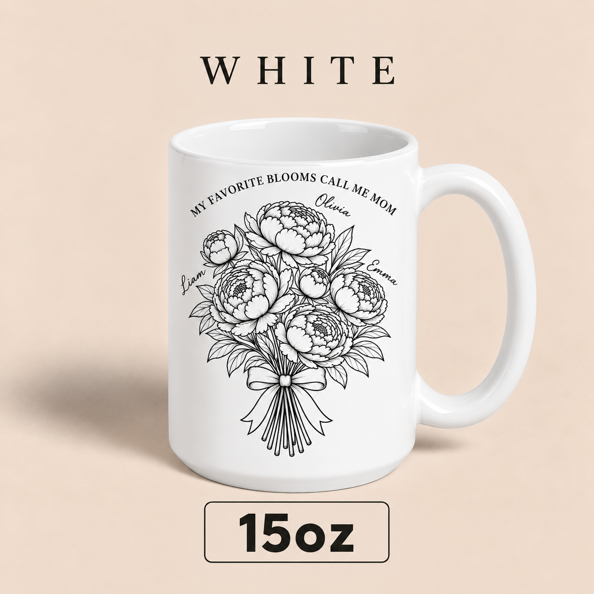 Personalized Mom Mug with Kids Names, Peony Flower Mom Mug, Mother’s Day Gift for Mom