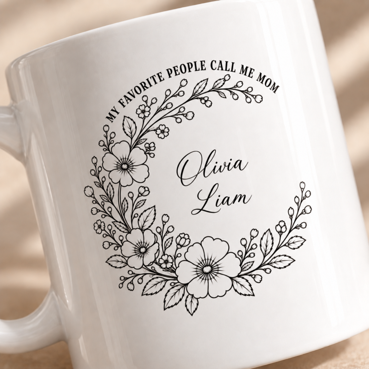 Custom Mom mug with kids names and floral wreath