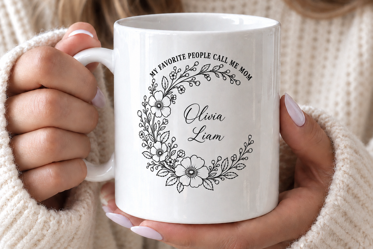 Personalized Mom mug with kids names floral wreath