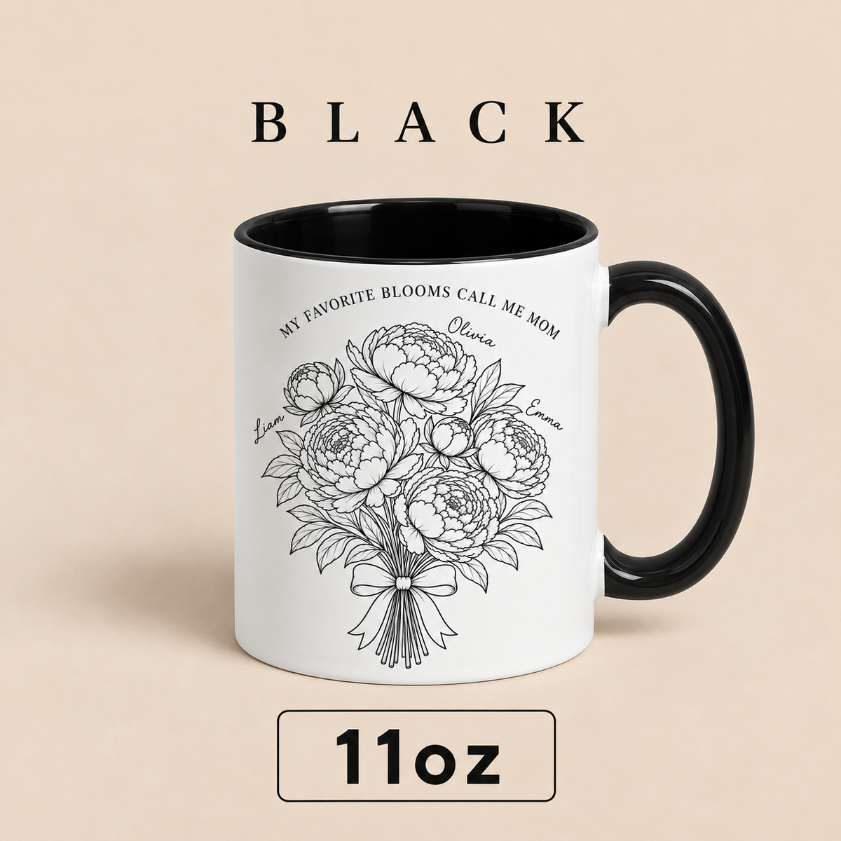 Personalized Mom Mug with Kids Names, Peony Flower Mom Mug, Mother’s Day Gift for Mom