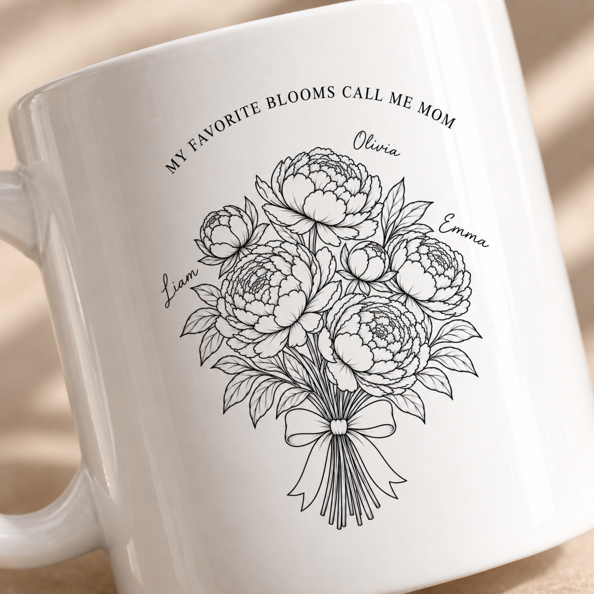 Custom Mom mug with kids names around peony bouquet