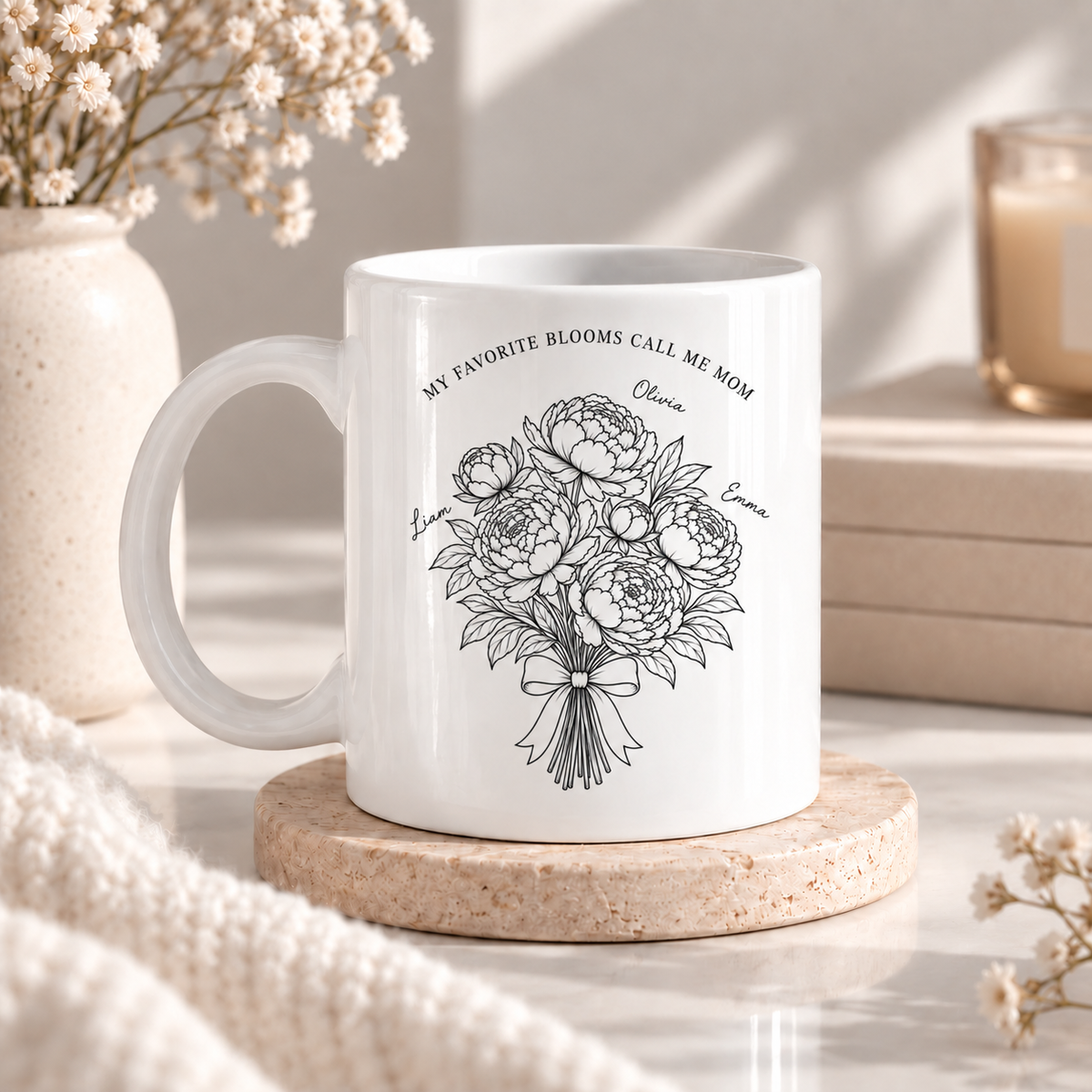Peony flower Mom mug personalized with children names