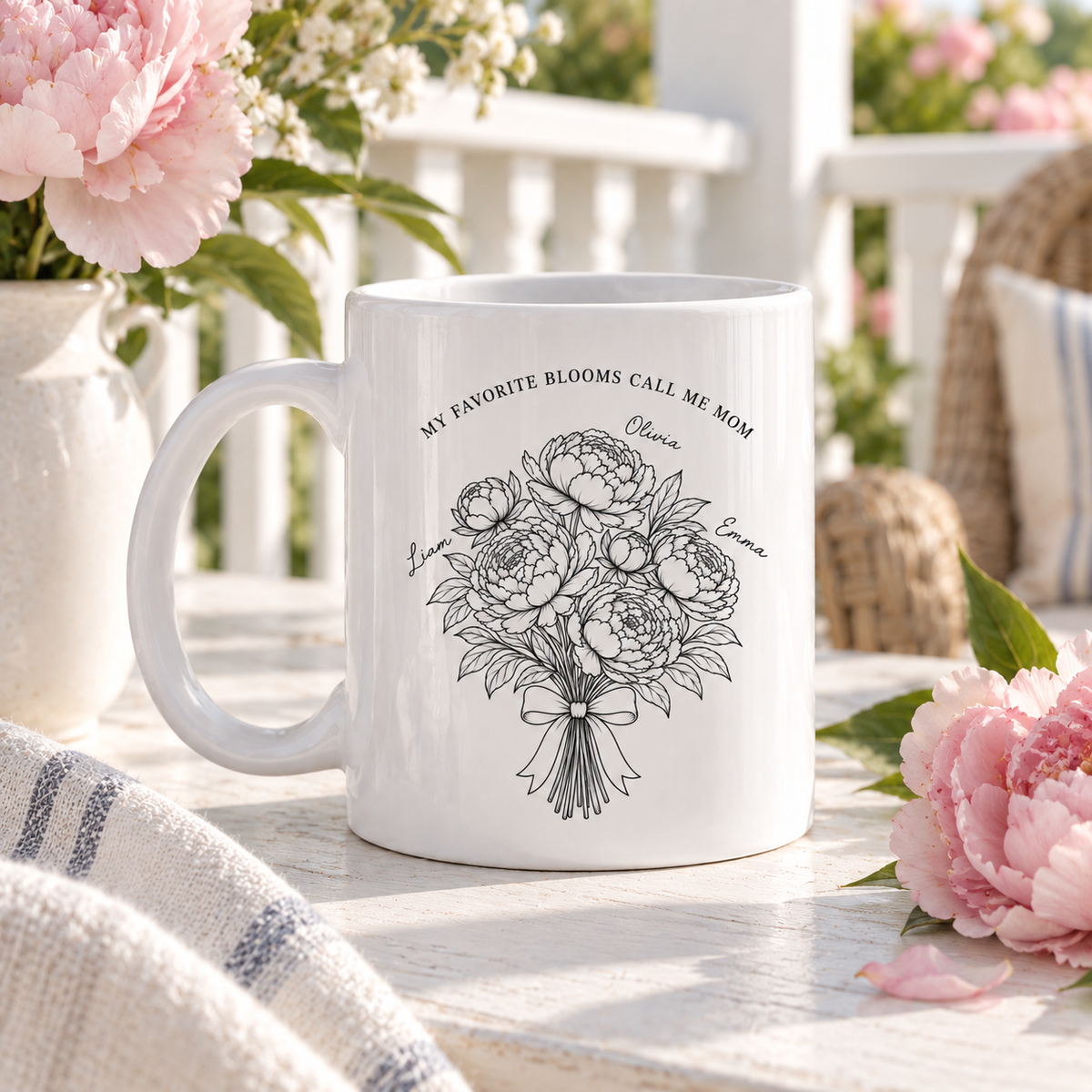 Personalized floral Mom mug with kids names and peonies