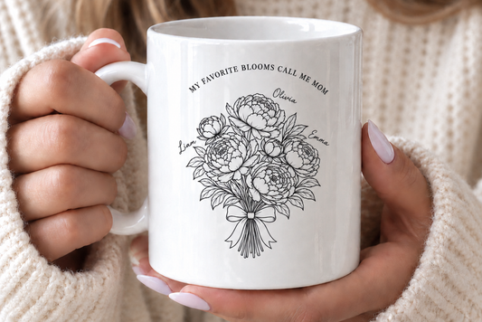 Personalized Mom Mug with Kids Names, Peony Flower Mom Mug, Mother’s Day Gift for Mom