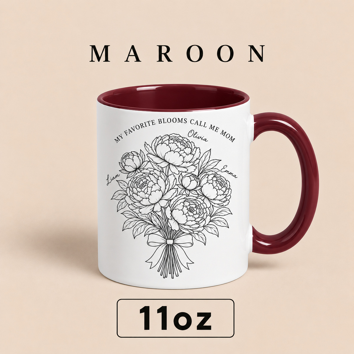 Personalized Mom Mug with Kids Names, Peony Flower Mom Mug, Mother’s Day Gift for Mom