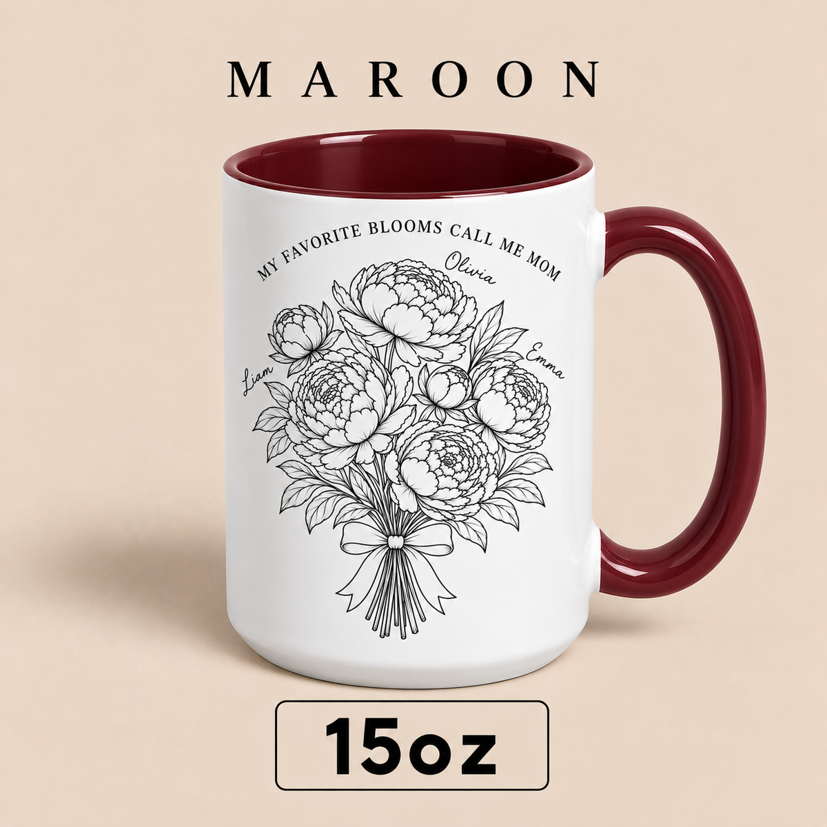 Personalized Mom Mug with Kids Names, Peony Flower Mom Mug, Mother’s Day Gift for Mom
