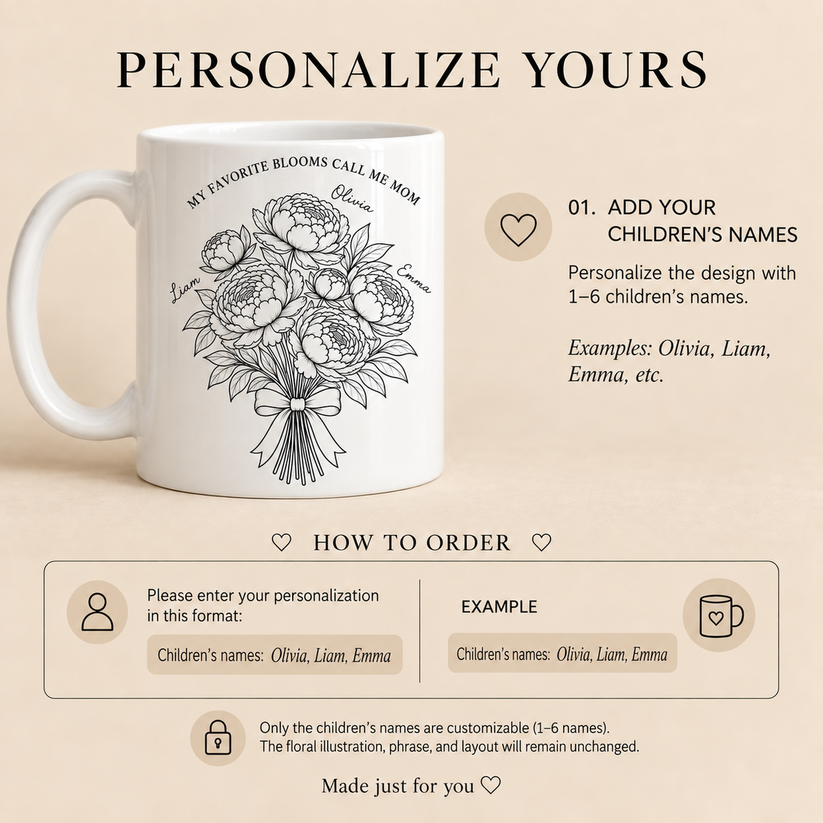 Personalized peony Mom mug add 1 to 6 children names
