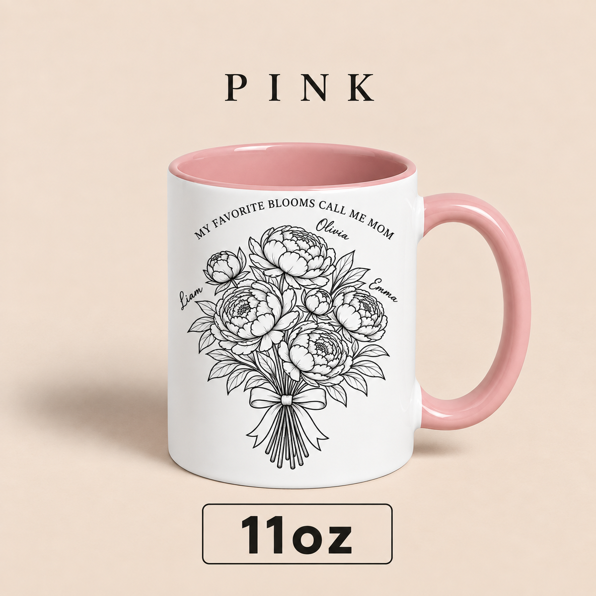 Personalized Mom Mug with Kids Names, Peony Flower Mom Mug, Mother’s Day Gift for Mom