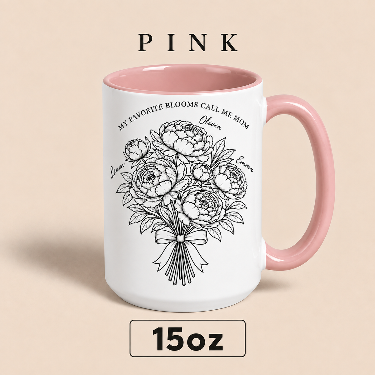 Personalized Mom Mug with Kids Names, Peony Flower Mom Mug, Mother’s Day Gift for Mom