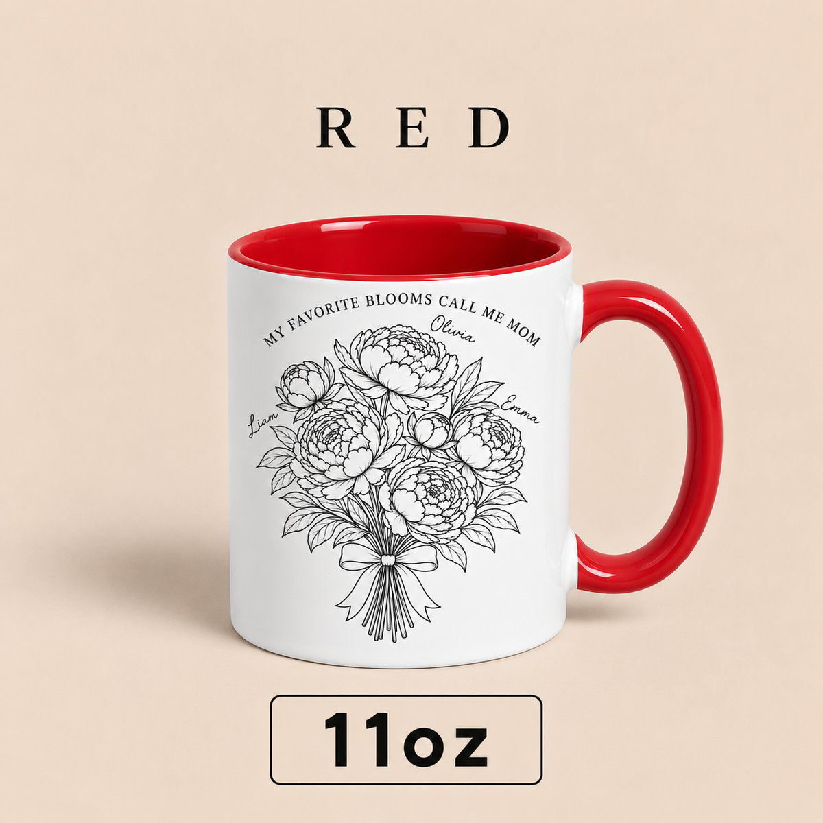 Personalized Mom Mug with Kids Names, Peony Flower Mom Mug, Mother’s Day Gift for Mom