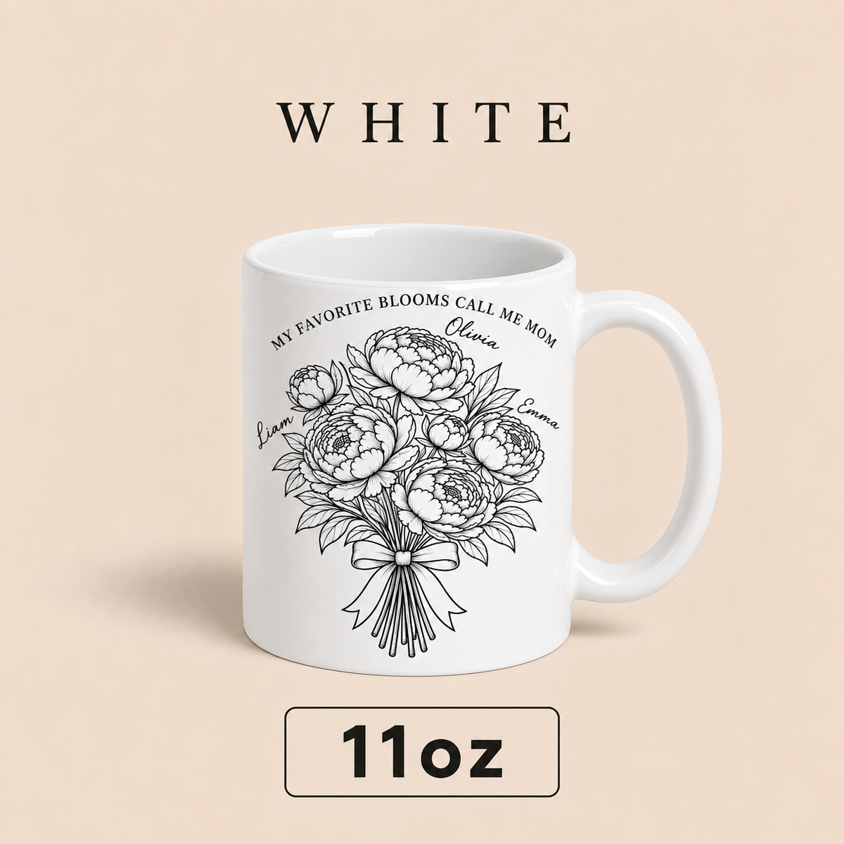 Personalized Mom Mug with Kids Names, Peony Flower Mom Mug, Mother’s Day Gift for Mom