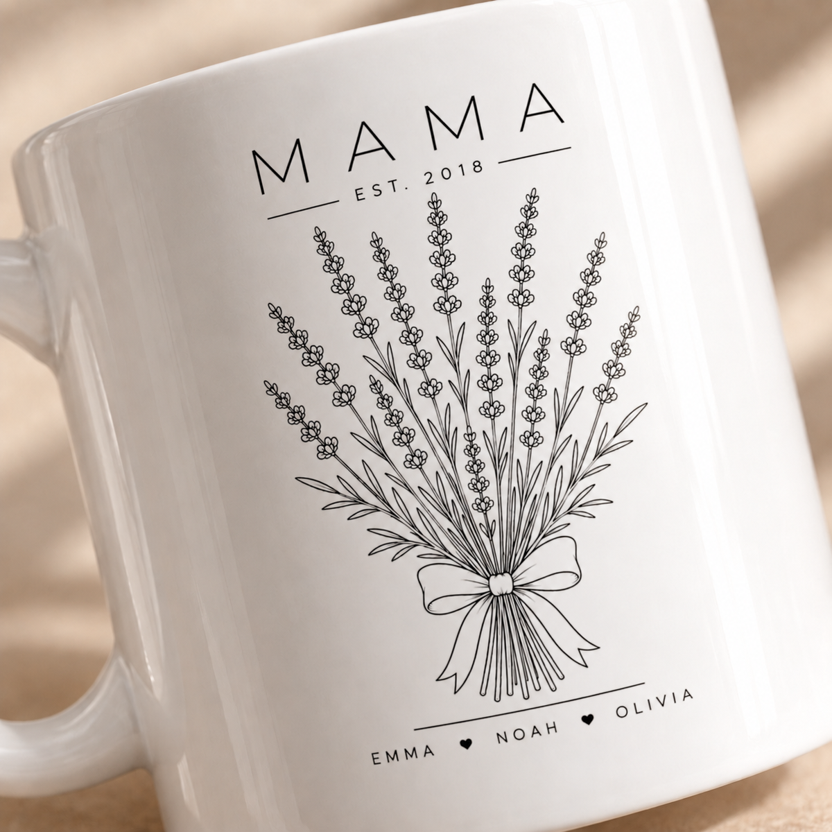 Lavender Mama mug personalized with established year and kids names