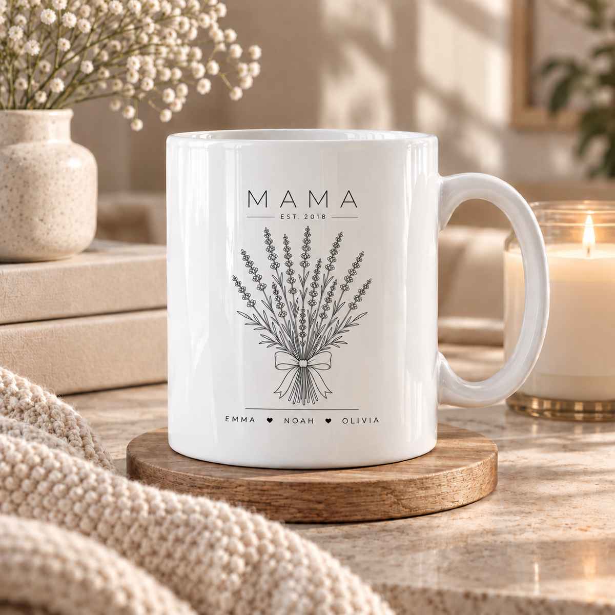 Personalized Mama EST mug with lavender bouquet and children names

