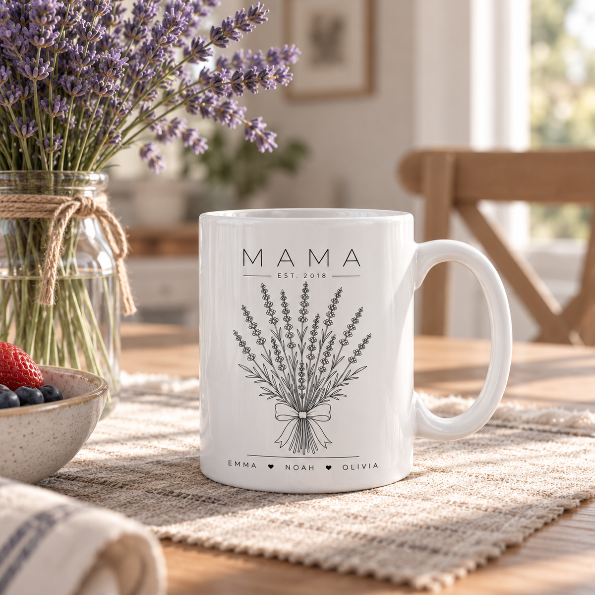 Custom lavender Mom mug with kids names and established year