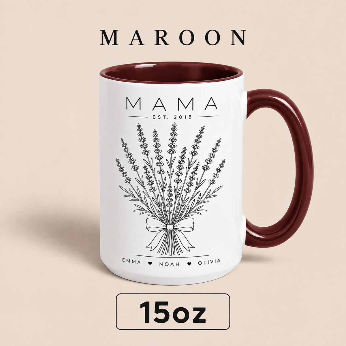 Personalized Mama Mug with Kids Names, Lavender Mom Mug, Custom Est Year Mother’s Day Gift