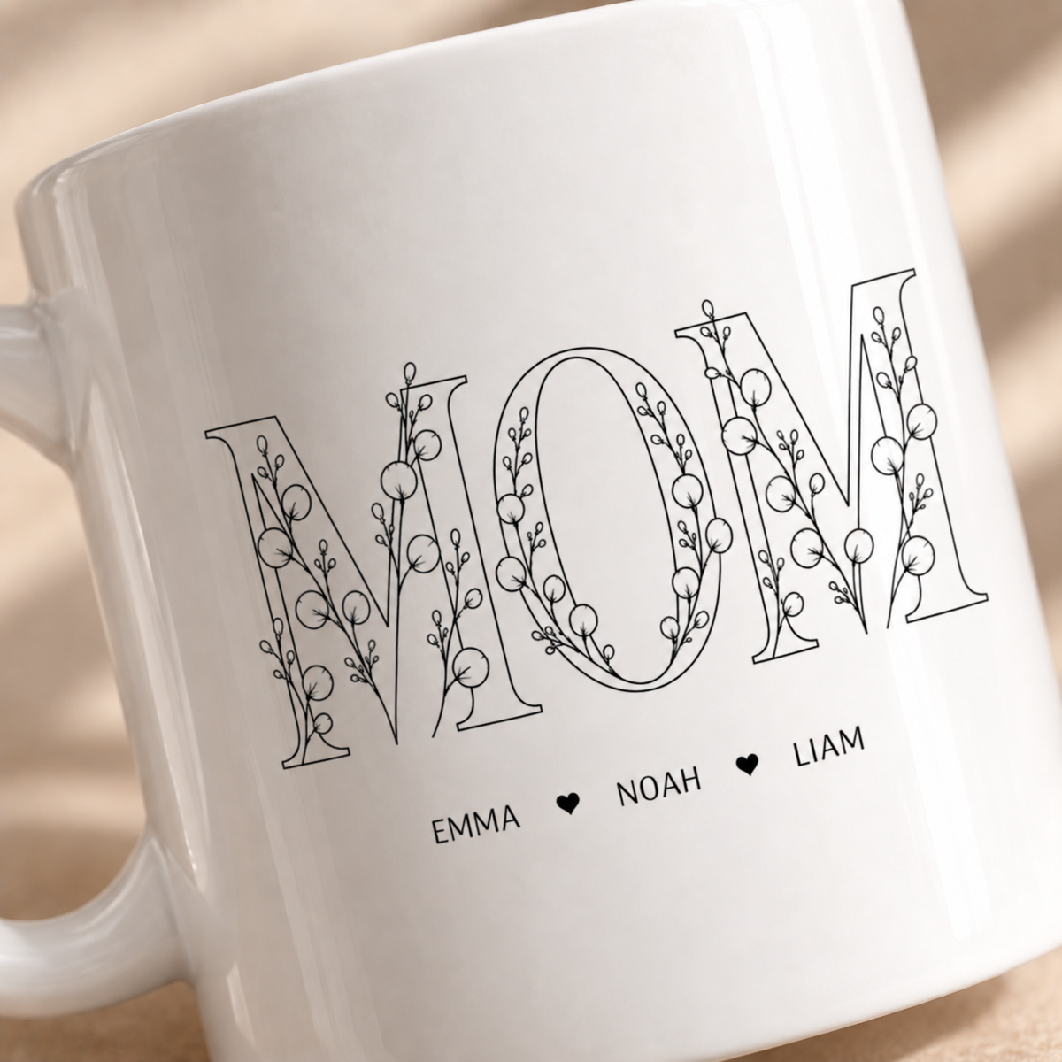 Botanical Mom mug personalized with children names and hearts
