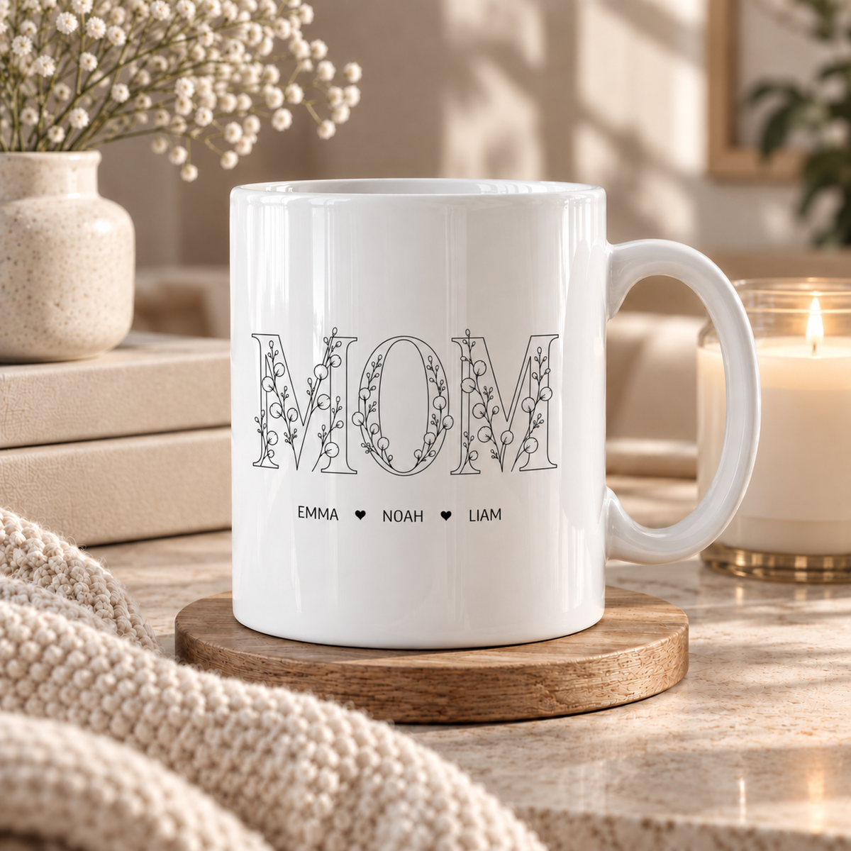 Personalized floral Mom coffee mug with kids names