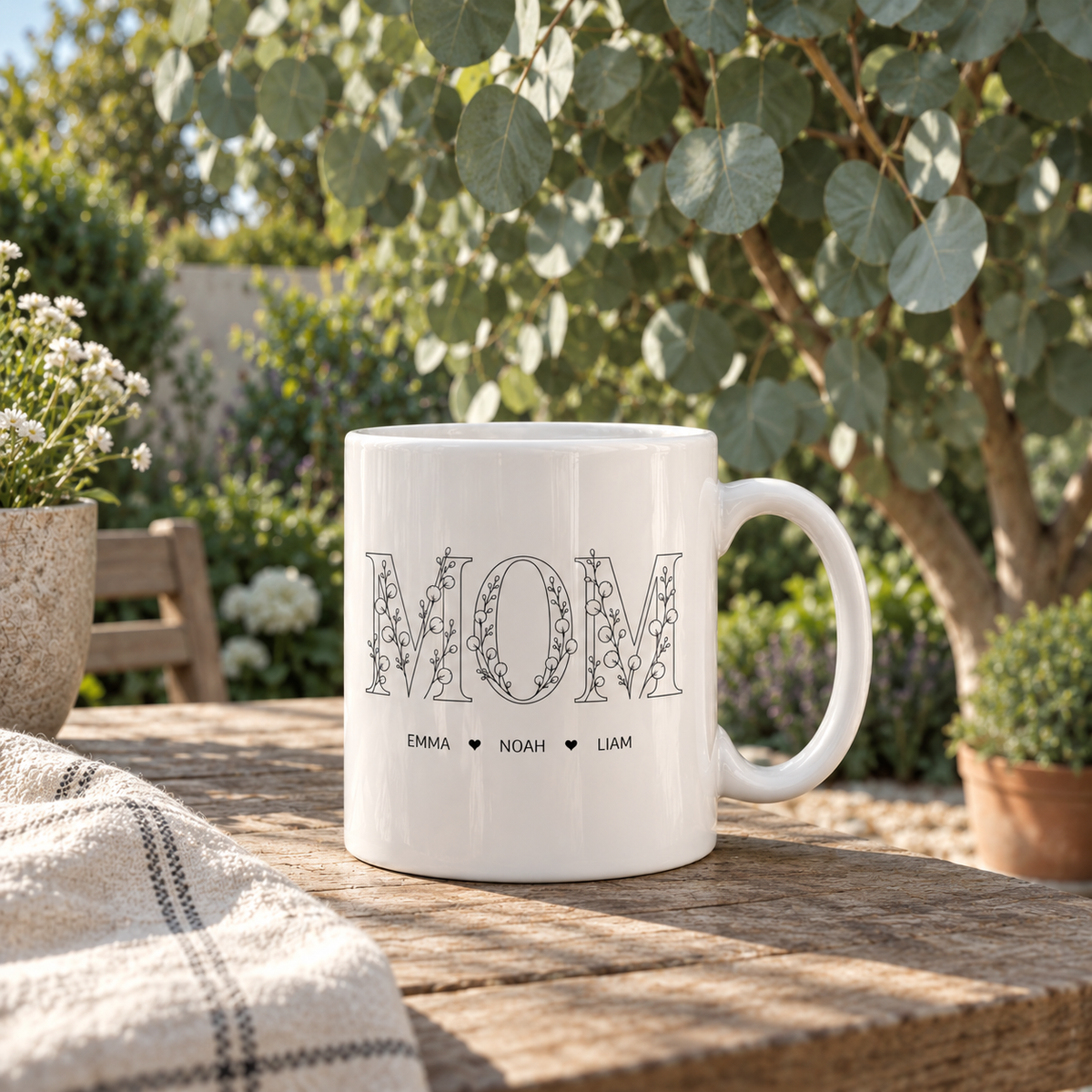 Custom Mom mug with children names in botanical garden setting
