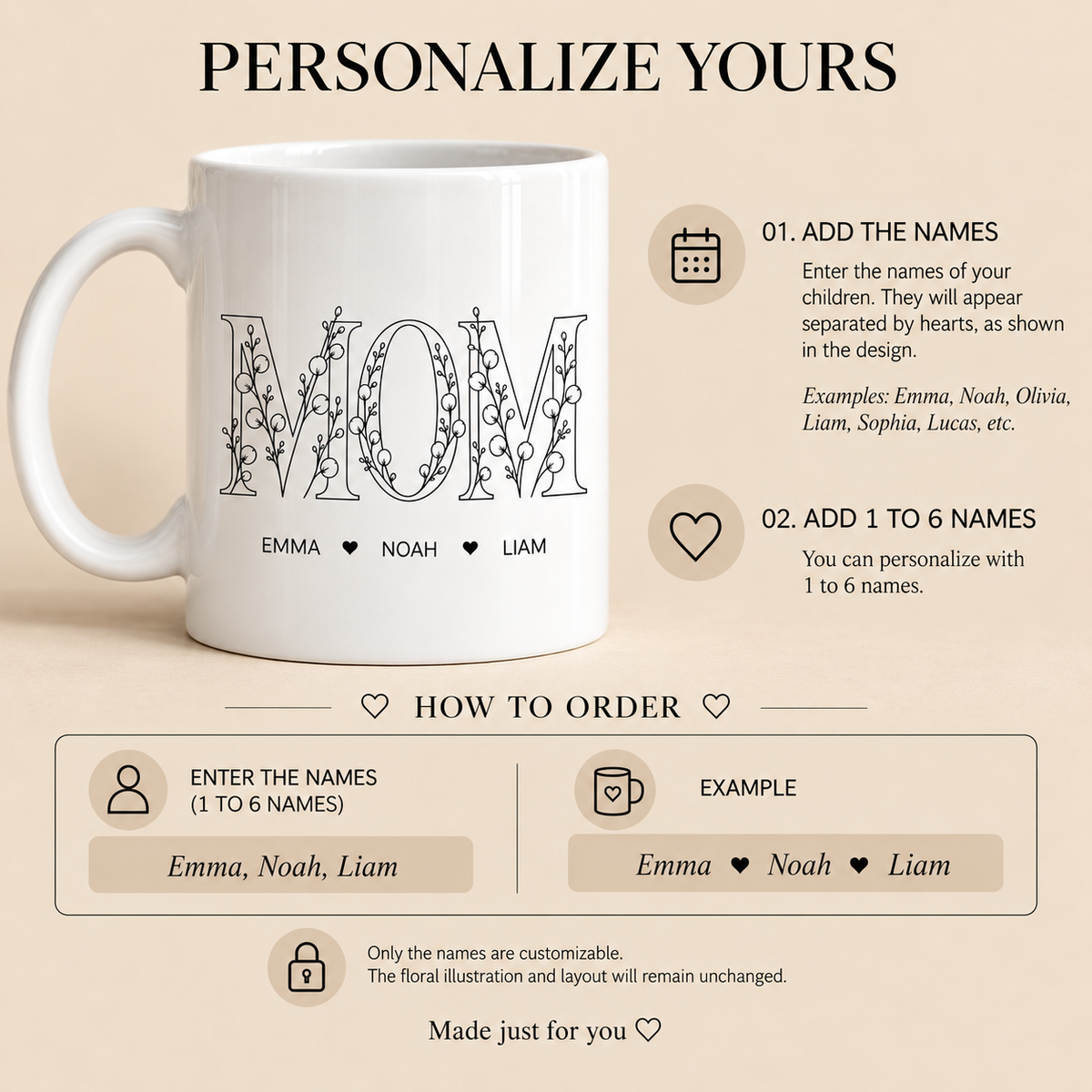 Personalized Mom mug with 1 to 6 kids names separated by hearts
