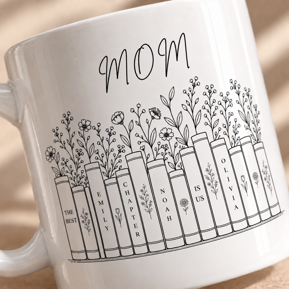 Book lover Mom mug personalized with children names and floral illustration
