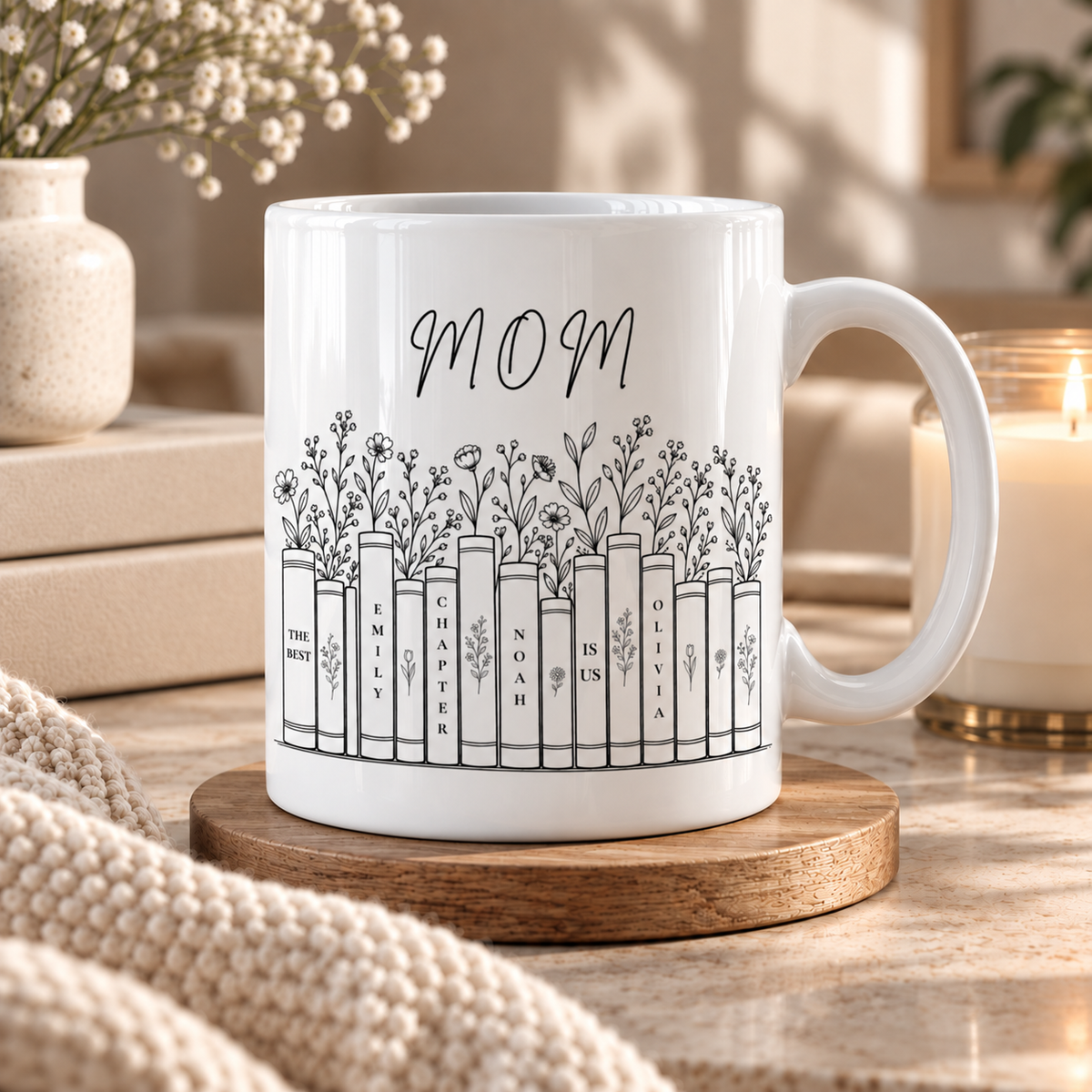 Personalized Mom mug with floral books and kids names