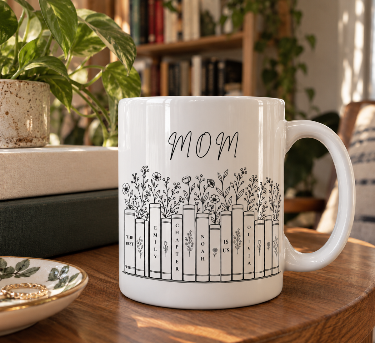 Custom Mom book mug with children names in cozy home library