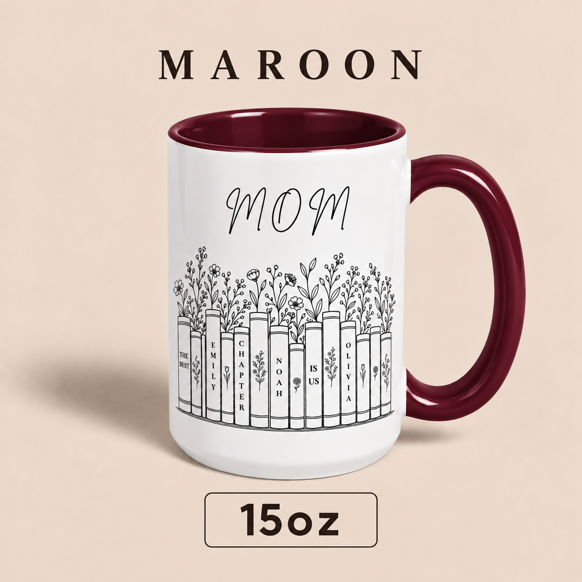 Personalized Mom Mug with Kids Names, Book Lover Mom Mug, Custom Mother’s Day Gift for Mom