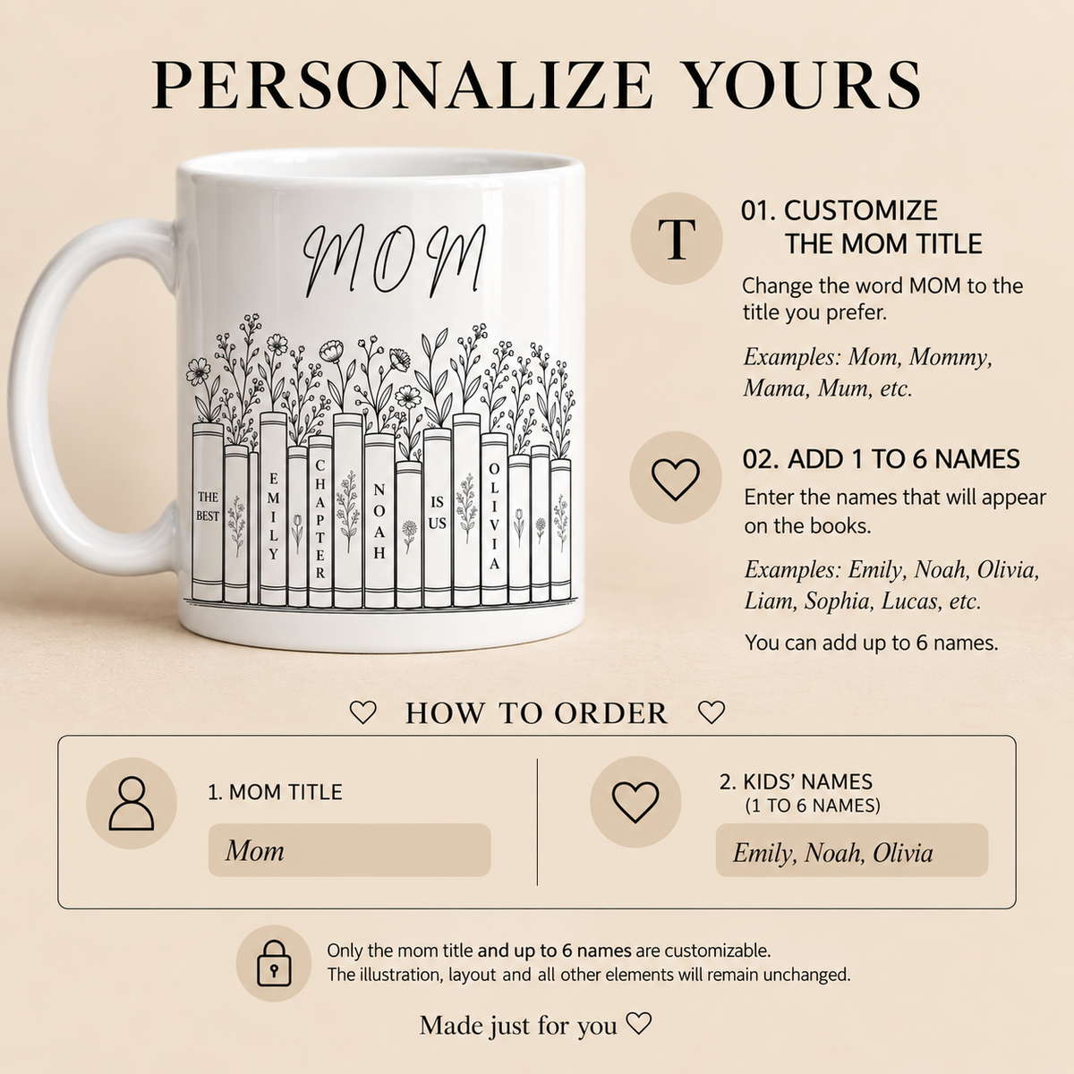 Personalized Mom book mug with custom title and 1 to 6 kids names

