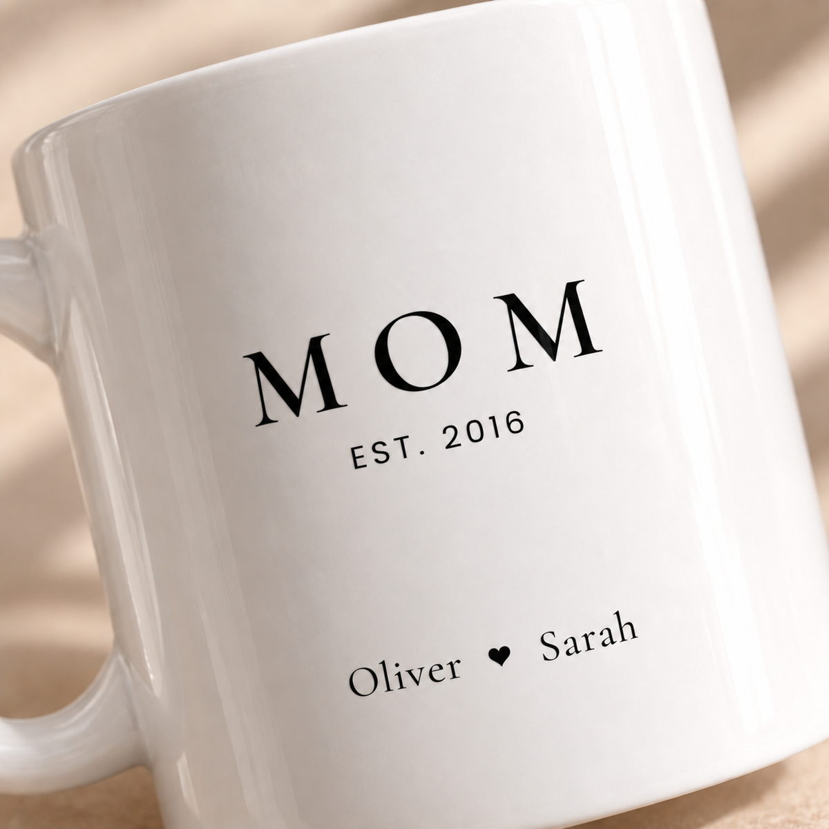 Close up personalized Mom Since mug with year and children names
