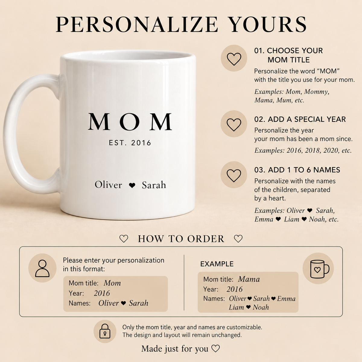 Personalized Mom mug with custom title established year and 1 to 6 kids names
