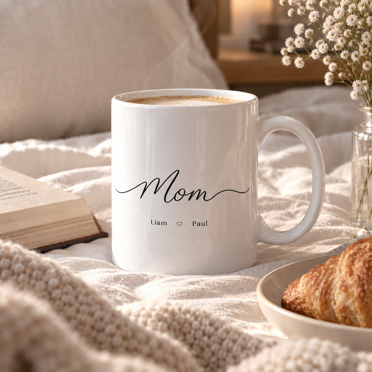 Custom Mom mug with children names in cozy bedroom setting