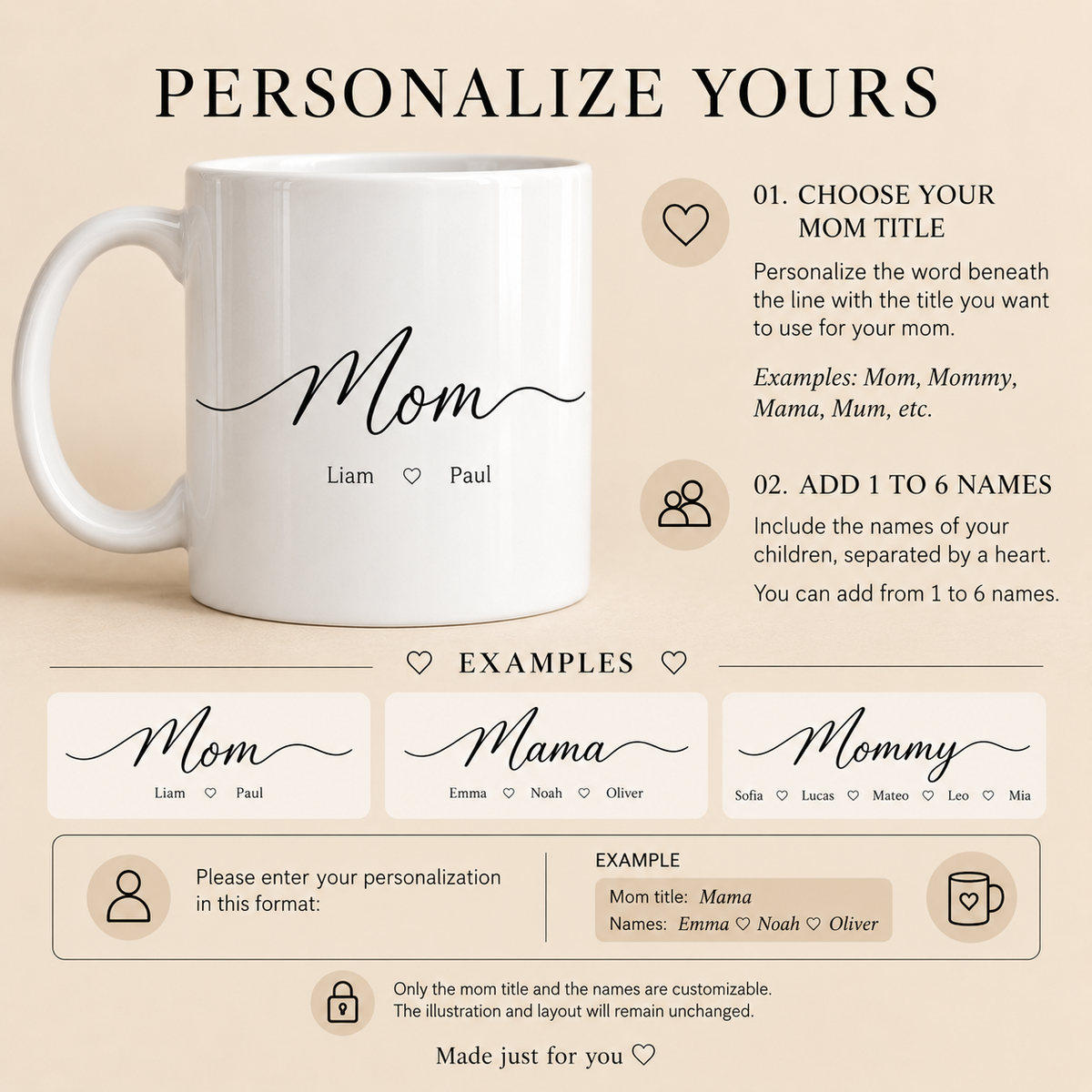 Personalized Mom Mama Mommy mug with 1 to 6 kids names