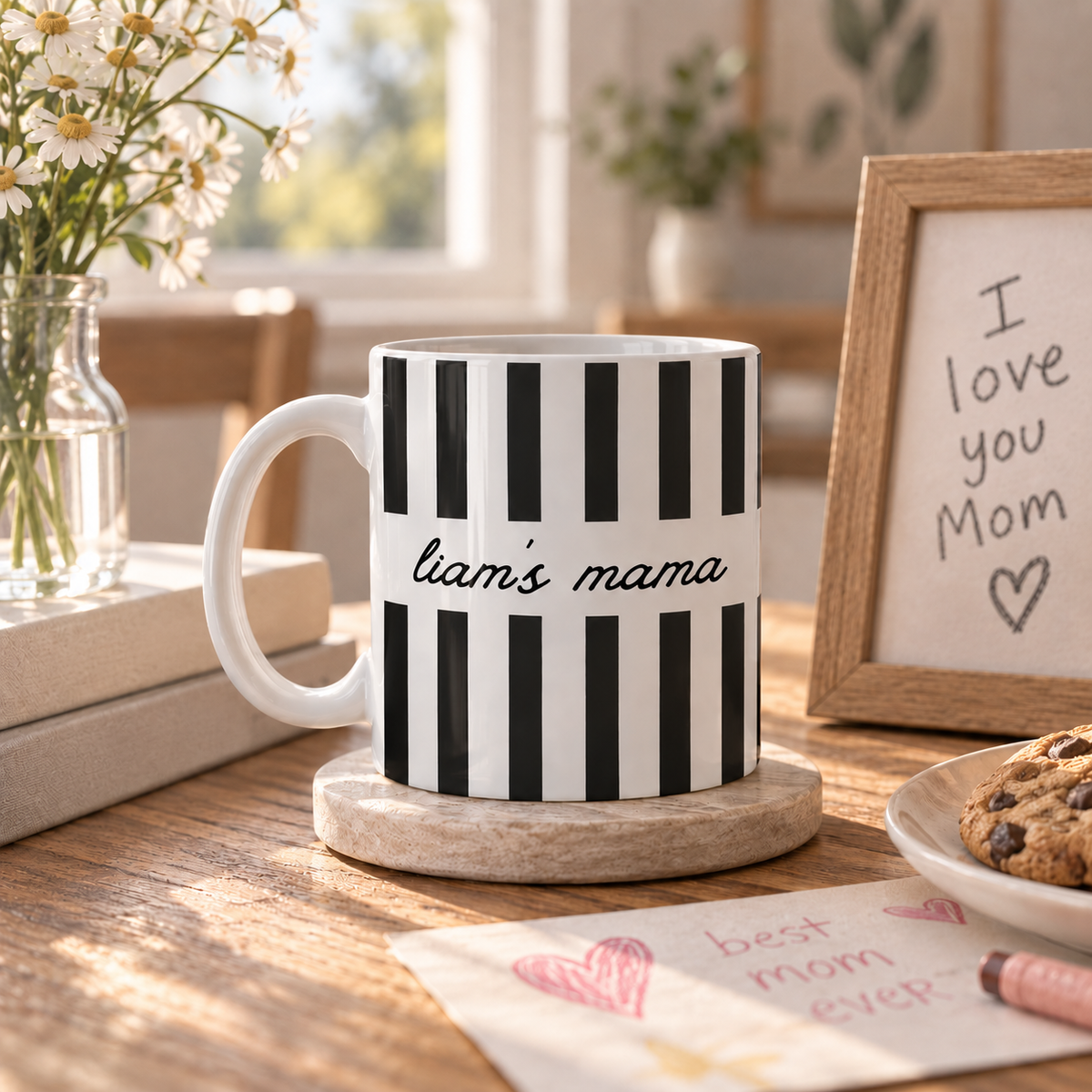 Custom Mama mug with child name displayed beside kids artwork
