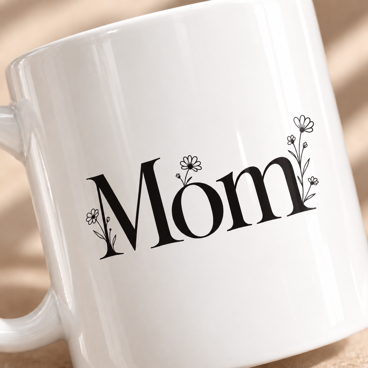 Close up of personalized floral Mom mug with wildflower details
