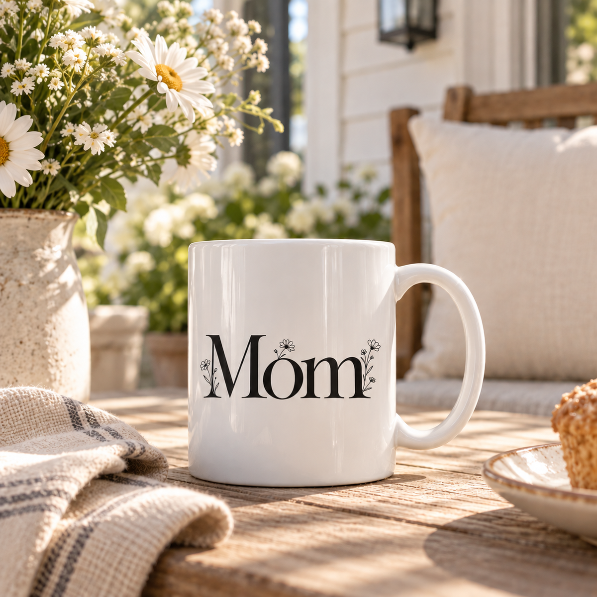 Floral personalized Mom coffee mug in bright cozy home setting