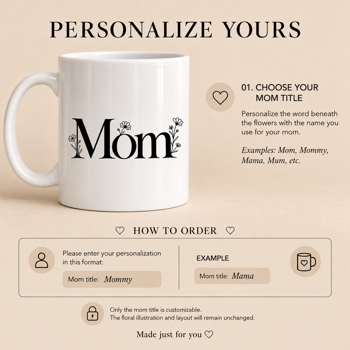 How to personalize floral Mom mug with custom Mom Mommy Mama or Mum title