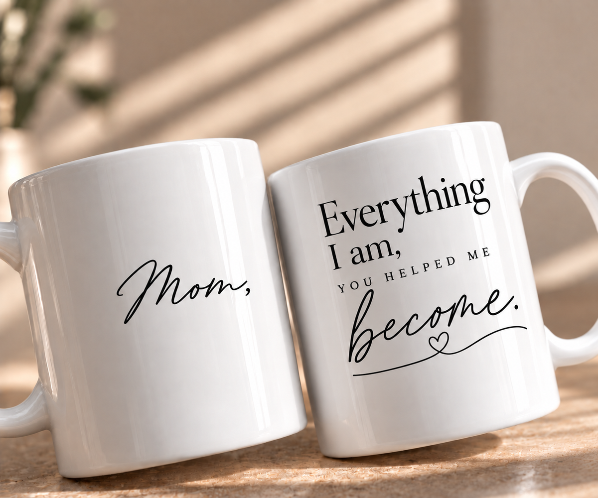 Close up of Mom mug with Everything I am you helped me become message
