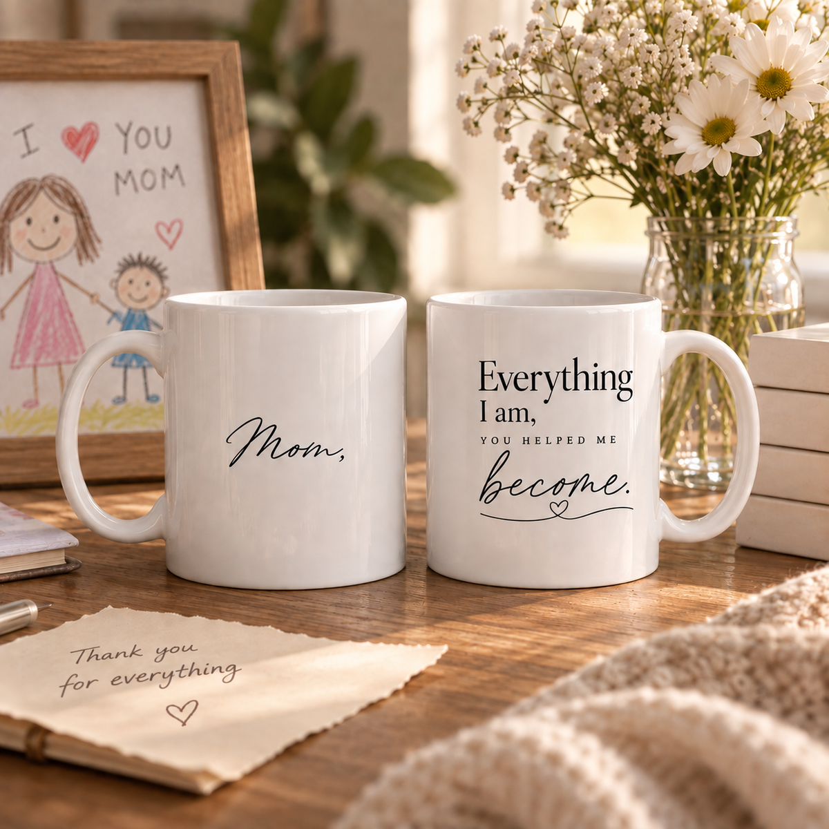 Sentimental Mom mug with Everything I am you helped me become quote in cozy home setting