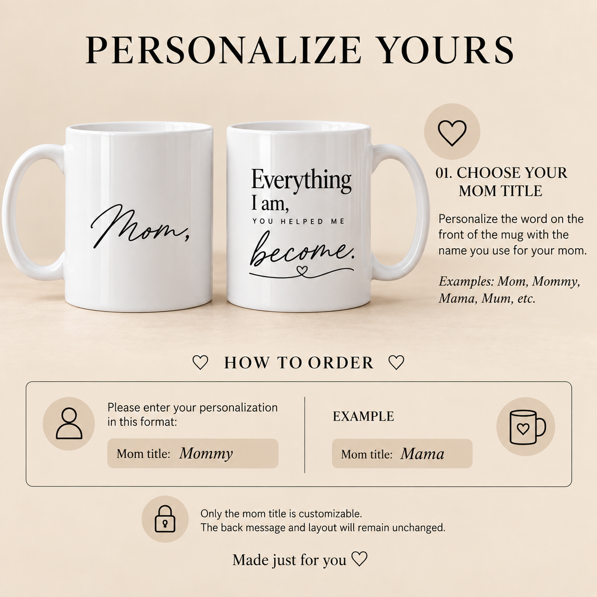 How to personalize Mom Mommy Mama or Mum title on sentimental quote mug