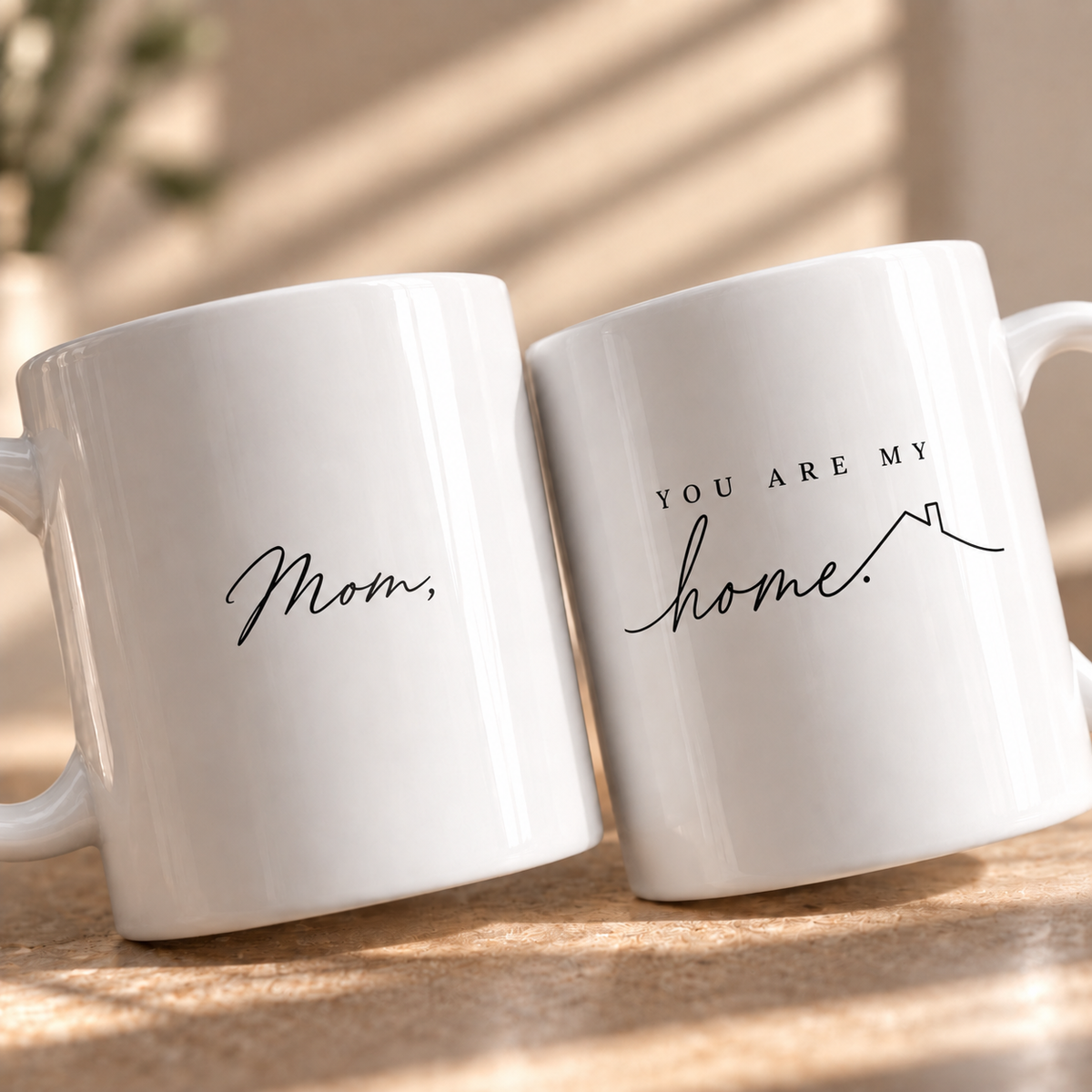 Close up of personalized Mom mug with You Are My Home house design

