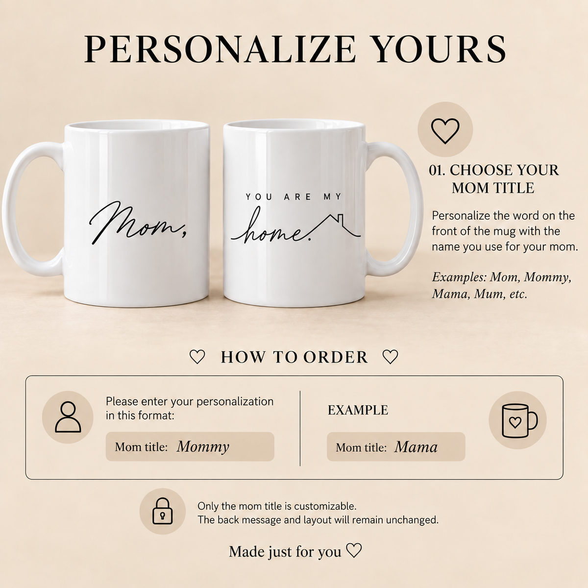  How to personalize Mom Mommy Mama or Mum title on You Are My Home mug
