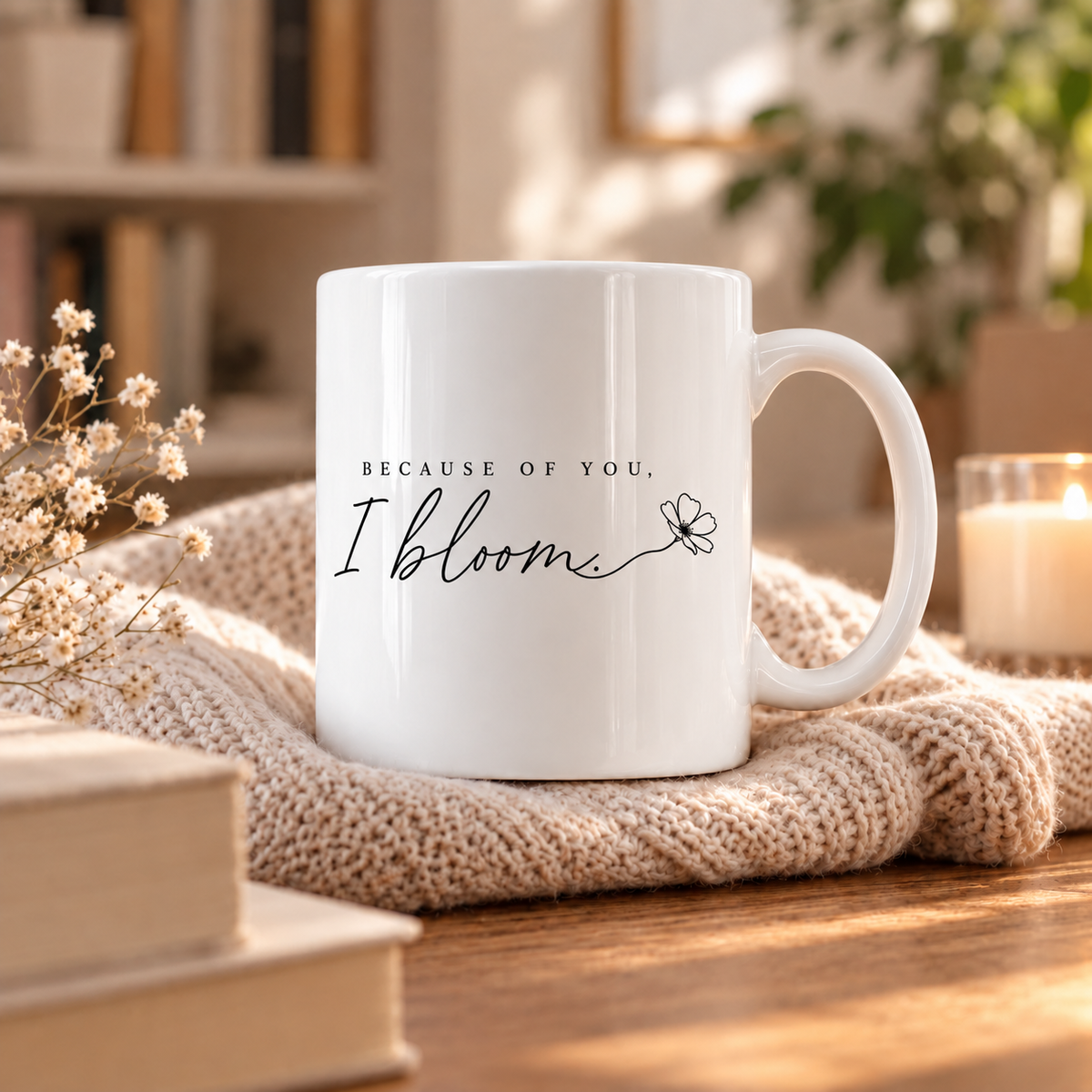 Because of You I Bloom ceramic mug with minimalist line art flower

