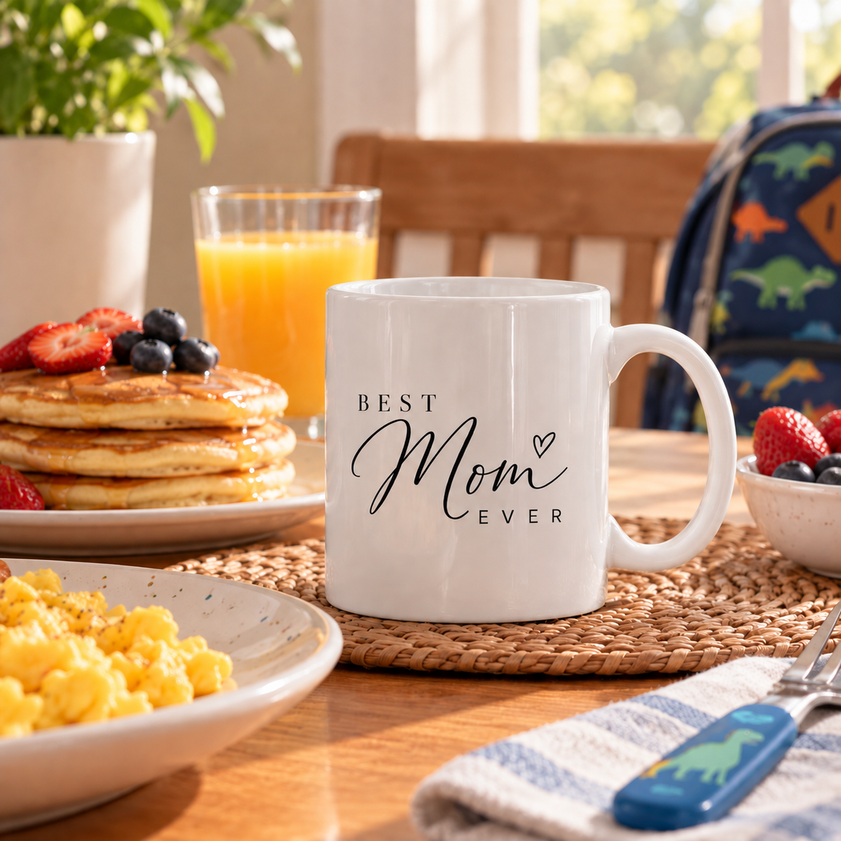 Personalized Best Mom Ever ceramic mug in a bright family breakfast setting
