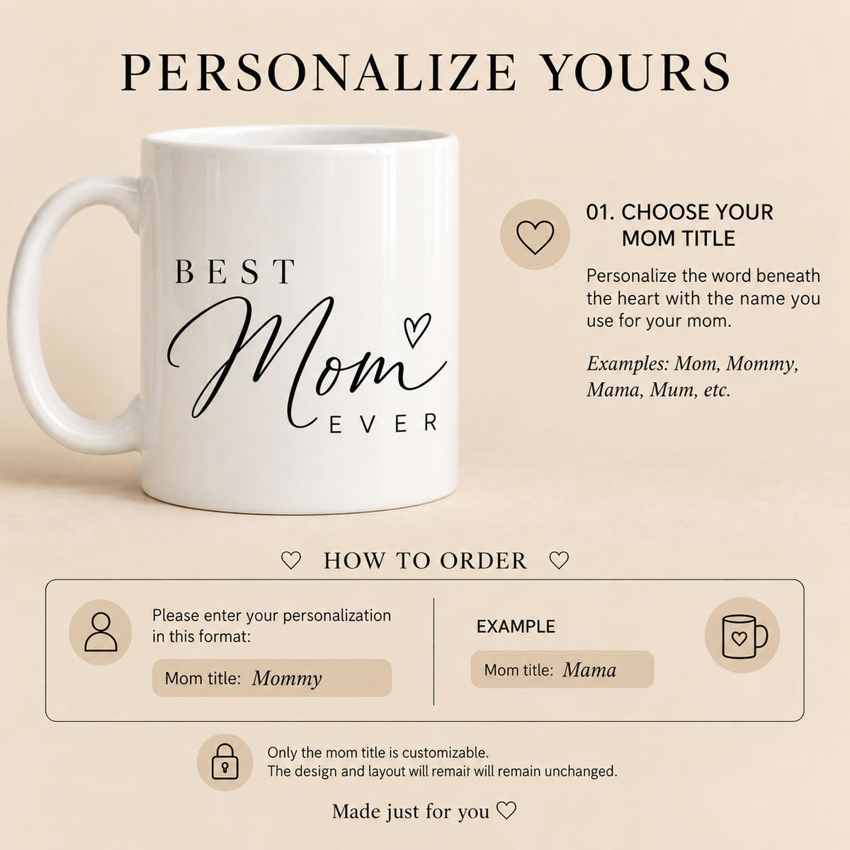 Personalized Best Mom Ever mug showing custom Mom Mommy Mama or Mum title options