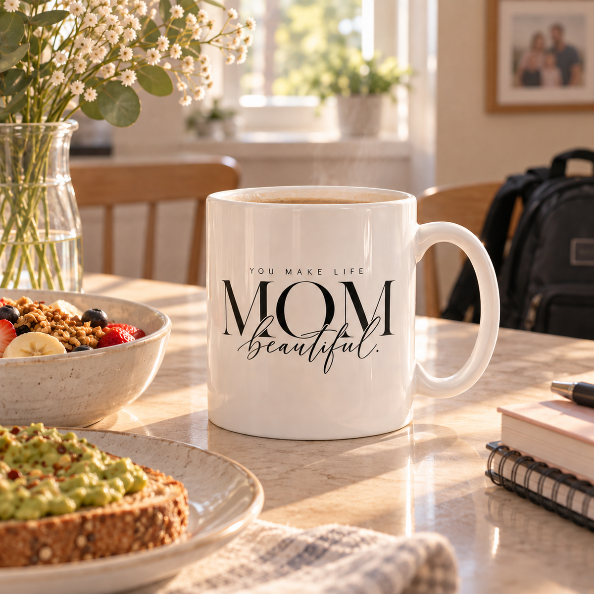 Personalized Mom mug with You Make Life Beautiful message in a warm family breakfast setting