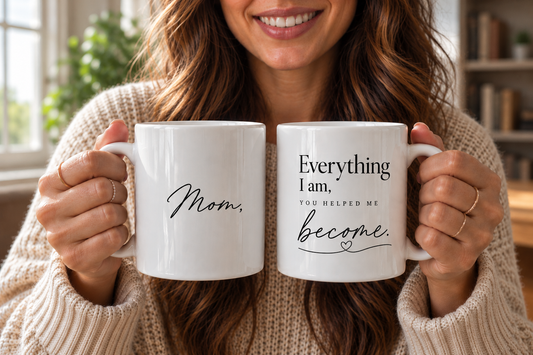 Personalized Mom quote mug with Everything I am you helped me become message
