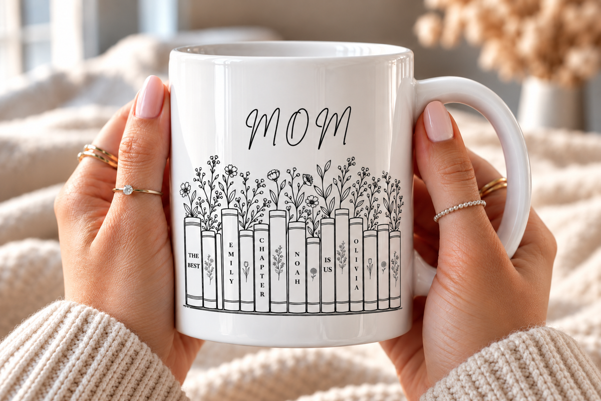 Personalized book lover Mom mug with kids names on book spines