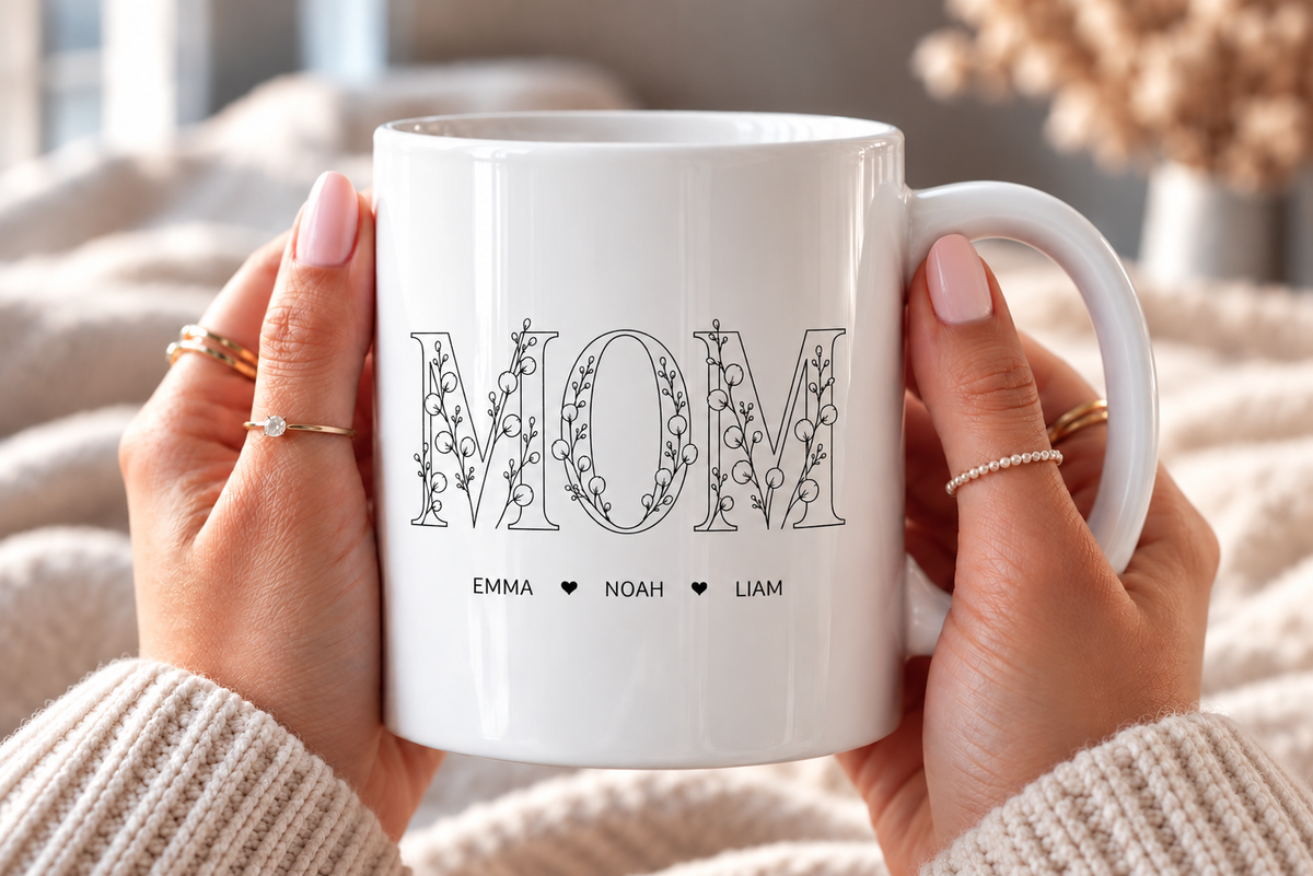 Personalized Mom Mug with Kids Names, Floral Mom Coffee Mug, Custom Mother’s Day Gift for Mom