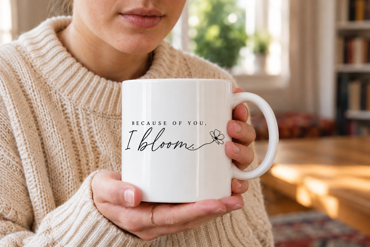 Because of You I Bloom floral mug held in hands as a meaningful gift for Mom