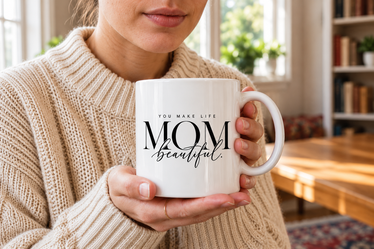 Personalized You Make Life Beautiful ceramic mug held as a meaningful gift for Mom
